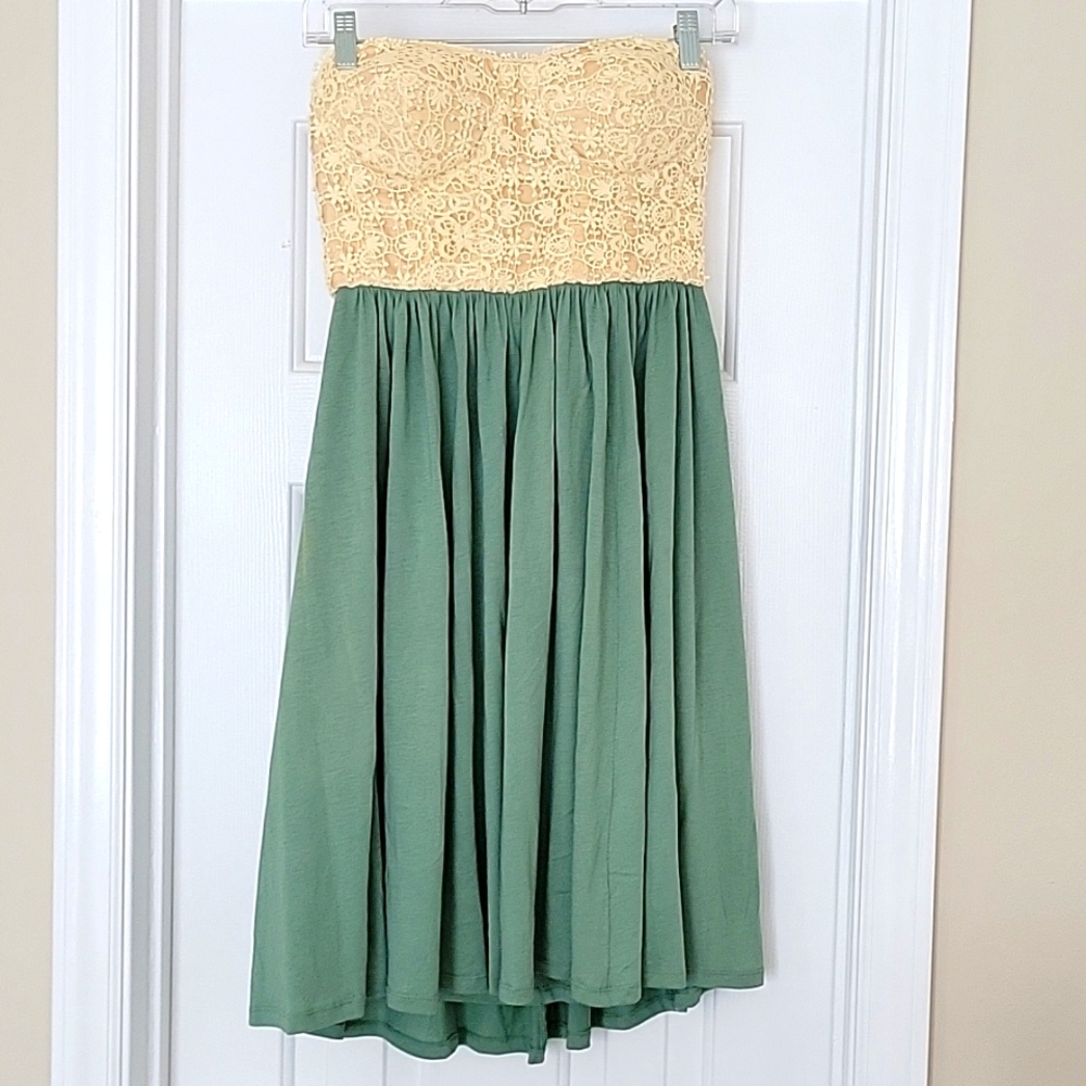 Strapless Seafoam Dress with Tan Crocheting